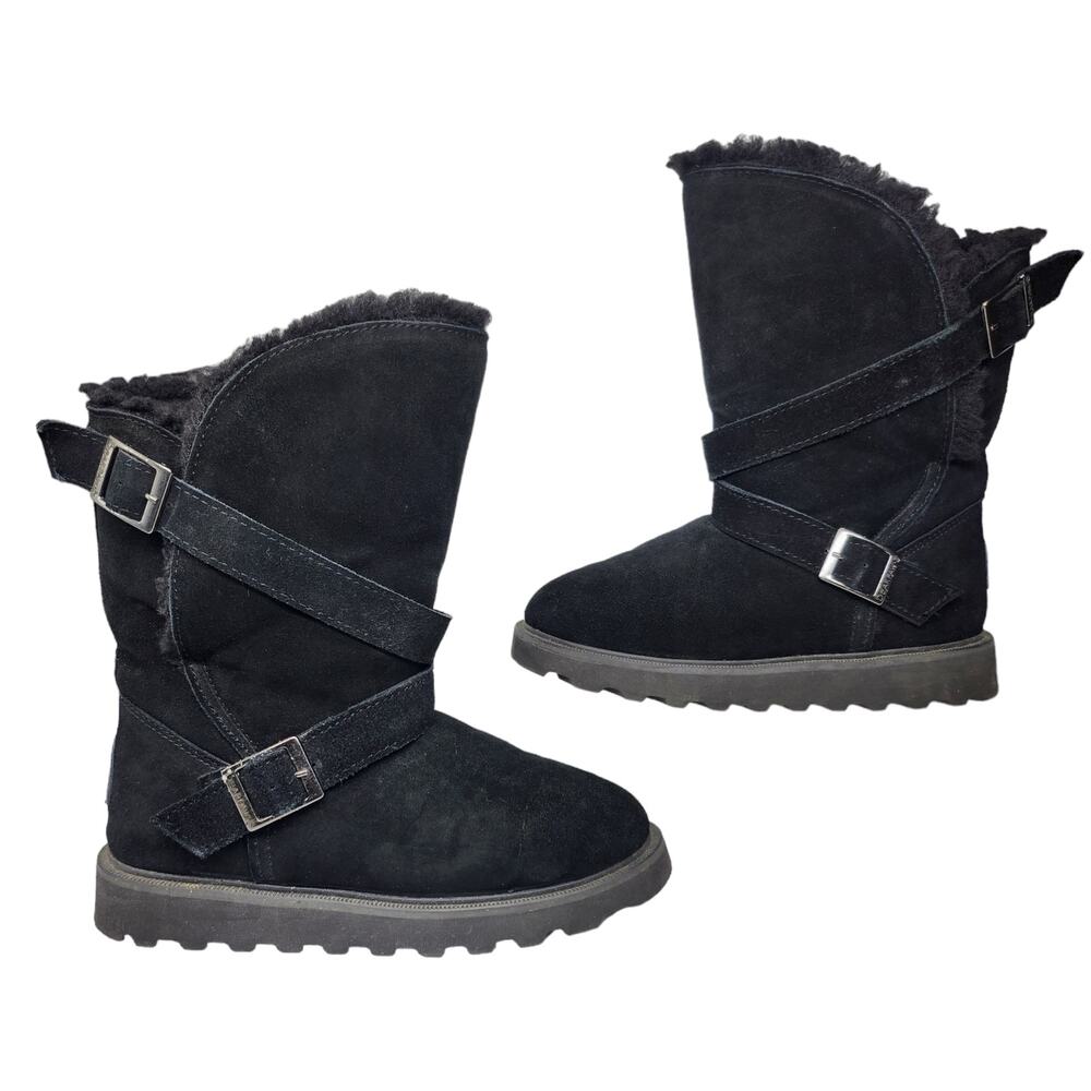 Black Suede Mid Calf Shearling Boots Womens 5 Sheepskin Wool Cabincore Apres Ski